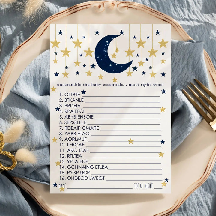 Twinkle Little Star Boy Baby Shower Games - Word Scramble Activities for Guests, Celestial Theme Decorations, Blue and Gold Favors, 25 Cards