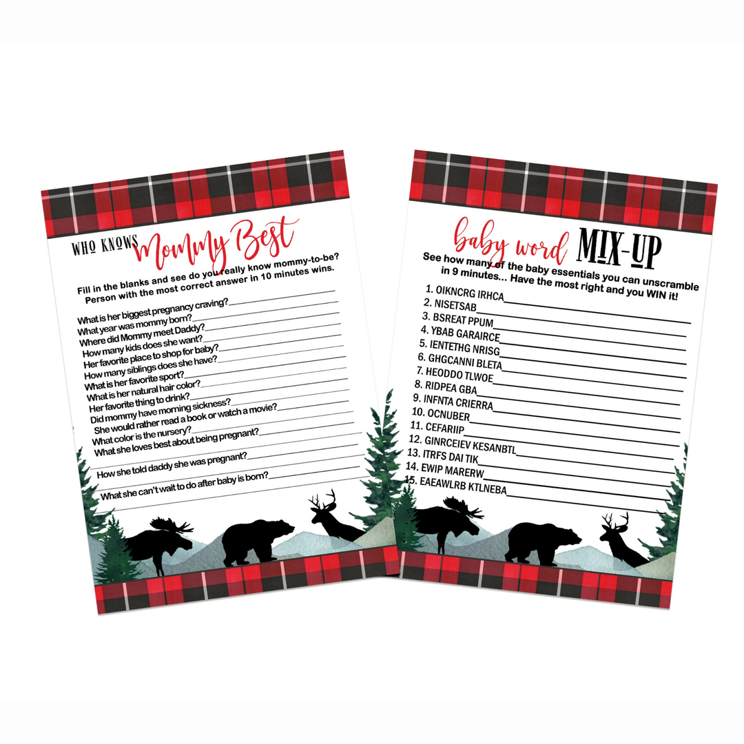 Lumberjack Baby Shower Game Set, Mommy Best and Word Scramble, Rustic Red & Black - Paper Clever Party