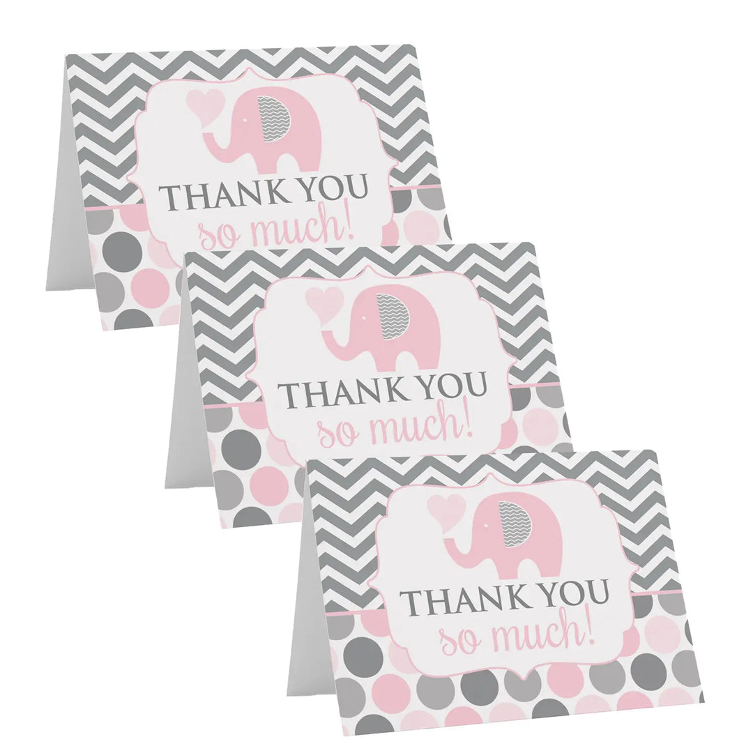 Adorable Pink Elephant Thank You Cards - 20-Pack for Girl Baby Showers, Jungle Princess Theme - Paper Clever Party