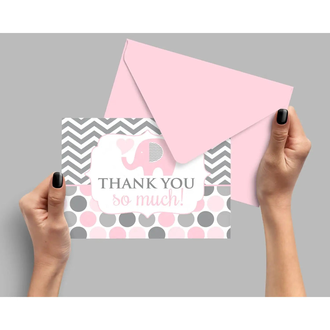 Adorable Pink Elephant Thank You Cards - 20-Pack for Girl Baby Showers, Jungle Princess Theme - Paper Clever Party