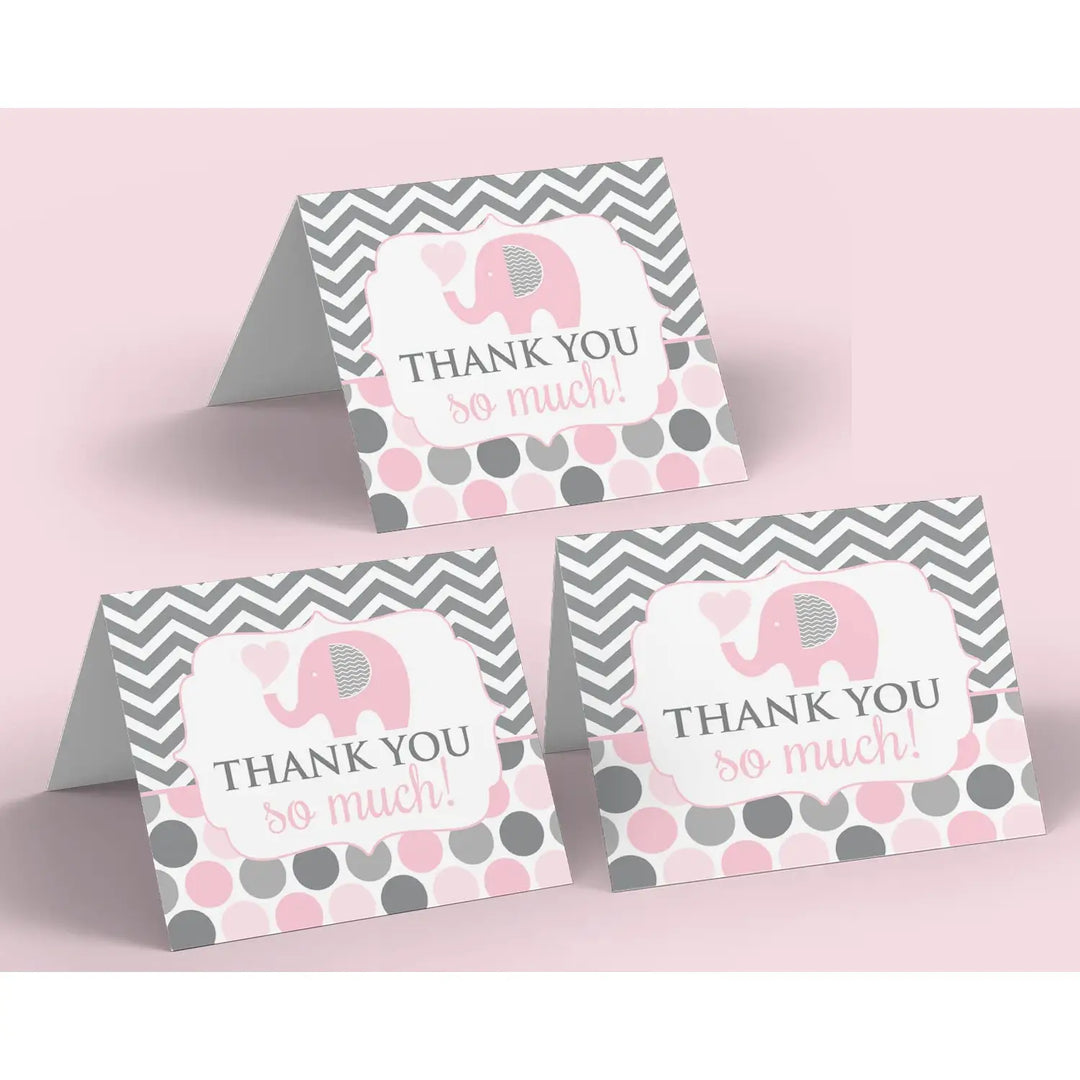 Adorable Pink Elephant Thank You Cards - 20-Pack for Girl Baby Showers, Jungle Princess Theme - Paper Clever Party