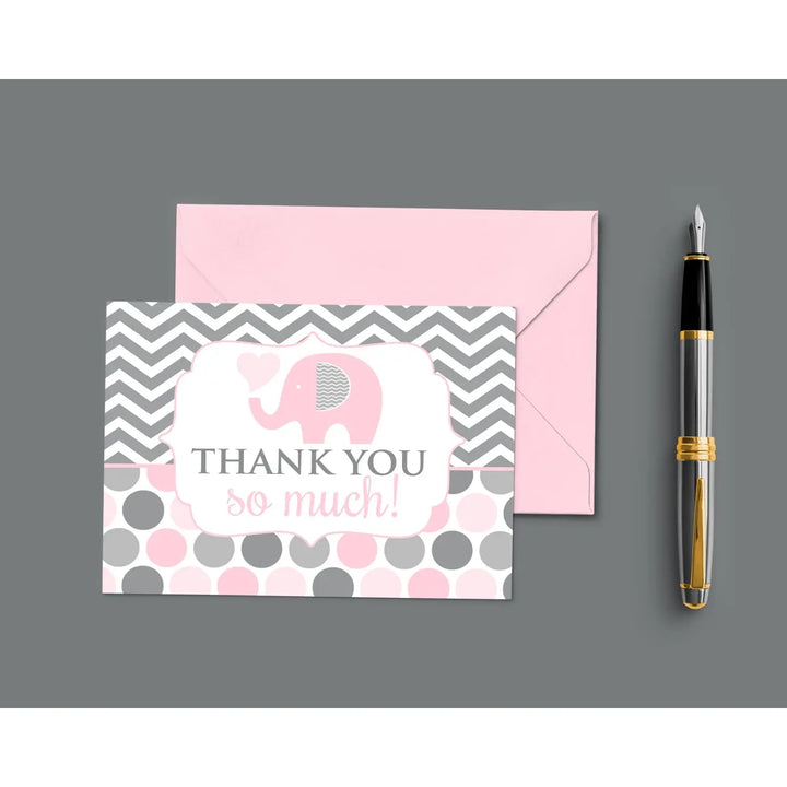 Adorable Pink Elephant Thank You Cards - 20-Pack for Girl Baby Showers, Jungle Princess Theme - Paper Clever Party