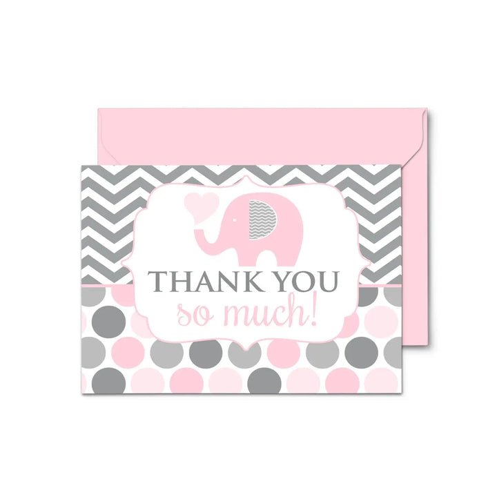 Adorable Pink Elephant Thank You Cards - 20-Pack for Girl Baby Showers, Jungle Princess Theme - Paper Clever Party