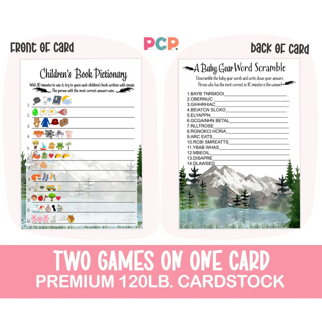 Adventure Awaits Baby Shower Game Set with Pictograms and Word Scramble, Mountain Themed, 5x7 Cards (25 ct) - Paper Clever Party