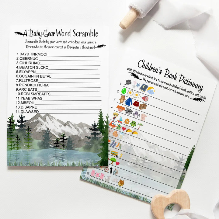 Adventure Awaits Baby Shower Game Set with Pictograms and Word Scramble, Mountain Themed, 5x7 Cards (25 ct) - Paper Clever Party