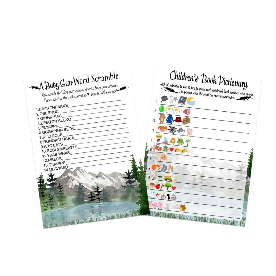 Adventure Awaits Baby Shower Game Set with Pictograms and Word Scramble, Mountain Themed, 5x7 Cards (25 ct) - Paper Clever Party