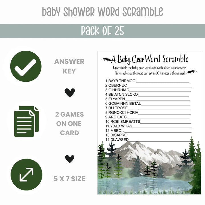 Adventure Awaits Baby Shower Game Set with Pictograms and Word Scramble, Mountain Themed, 5x7 Cards (25 ct) - Paper Clever Party