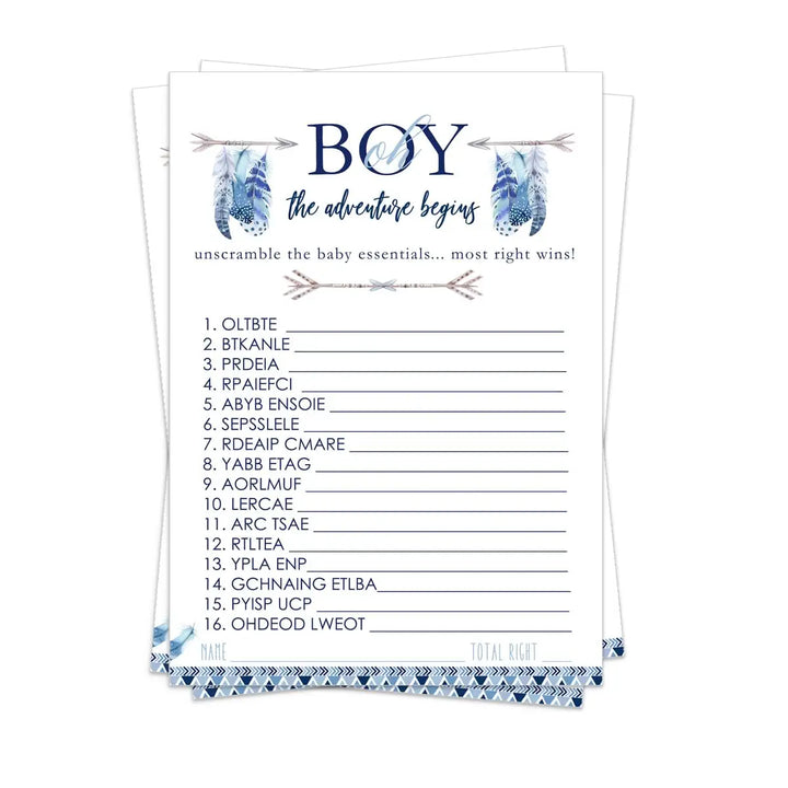 Adventure Begins Baby Shower Word Scramble Game - 25 Pack Unscramble Activity for Baby Boy Sprinkle - Rustic Feather Boho Blue - Printed 5x7 Size Set - Paper Clever Party