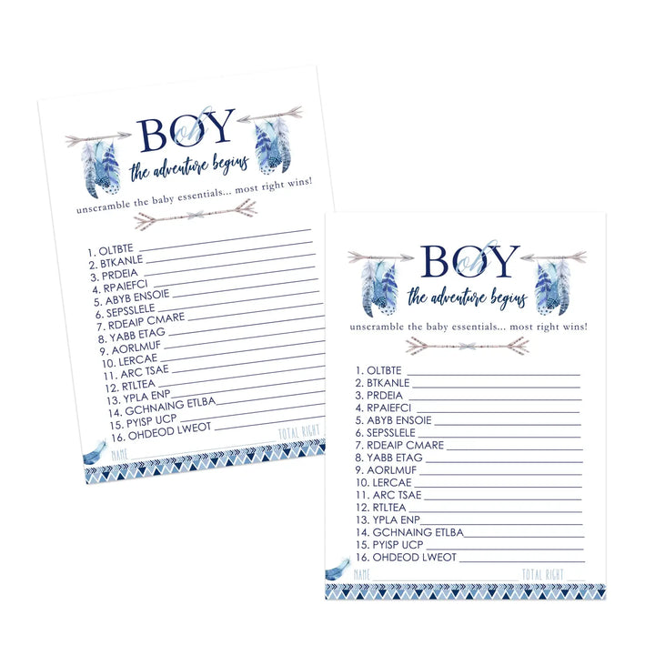 Adventure Begins Baby Shower Word Scramble Game - 25 Pack Unscramble Activity for Baby Boy Sprinkle - Rustic Feather Boho Blue - Printed 5x7 Size Set - Paper Clever Party