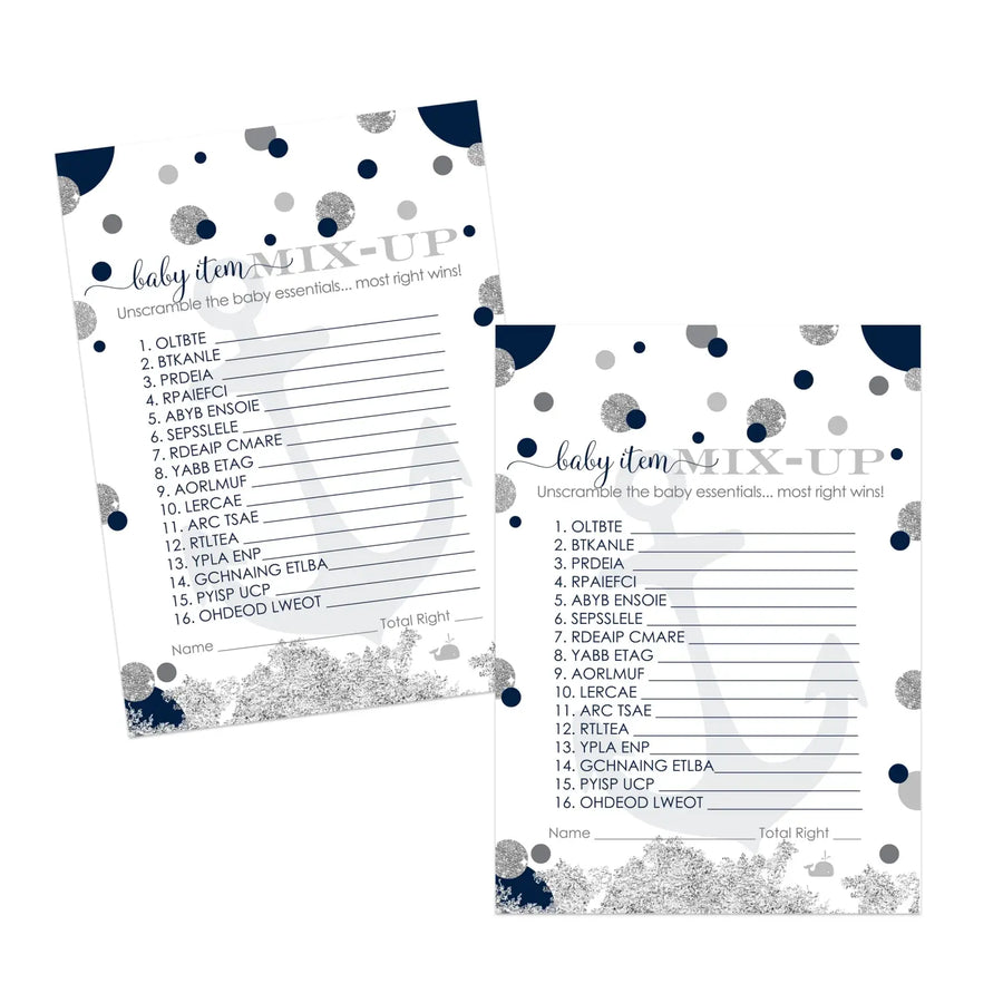 Ahoy Baby Shower Word Scramble Game Cards - 25 Pack Unscramble Activity for Whale Sprinkle - Anchor Themed Navy Blue Grey - Paper Clever Party