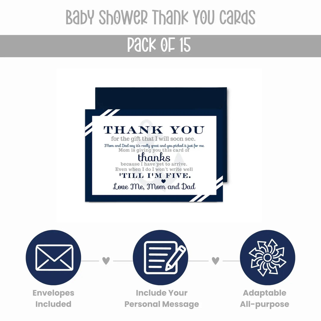 Anchor Boys Baby Shower Thank You Cards - Nautical (15 Pack) with Blue Envelopes, 4x6 - Paper Clever Party