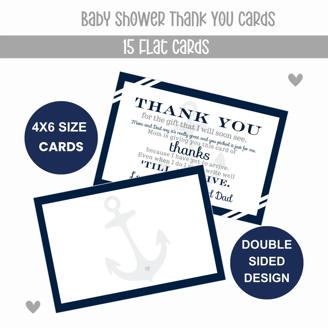 Anchor Boys Baby Shower Thank You Cards - Nautical (15 Pack) with Blue Envelopes, 4x6 - Paper Clever Party