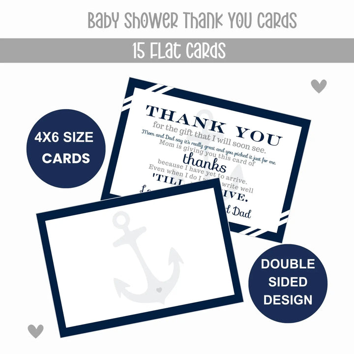 Anchor Boys Baby Shower Thank You Cards - Nautical (15 Pack) with Blue Envelopes, 4x6 - Paper Clever Party