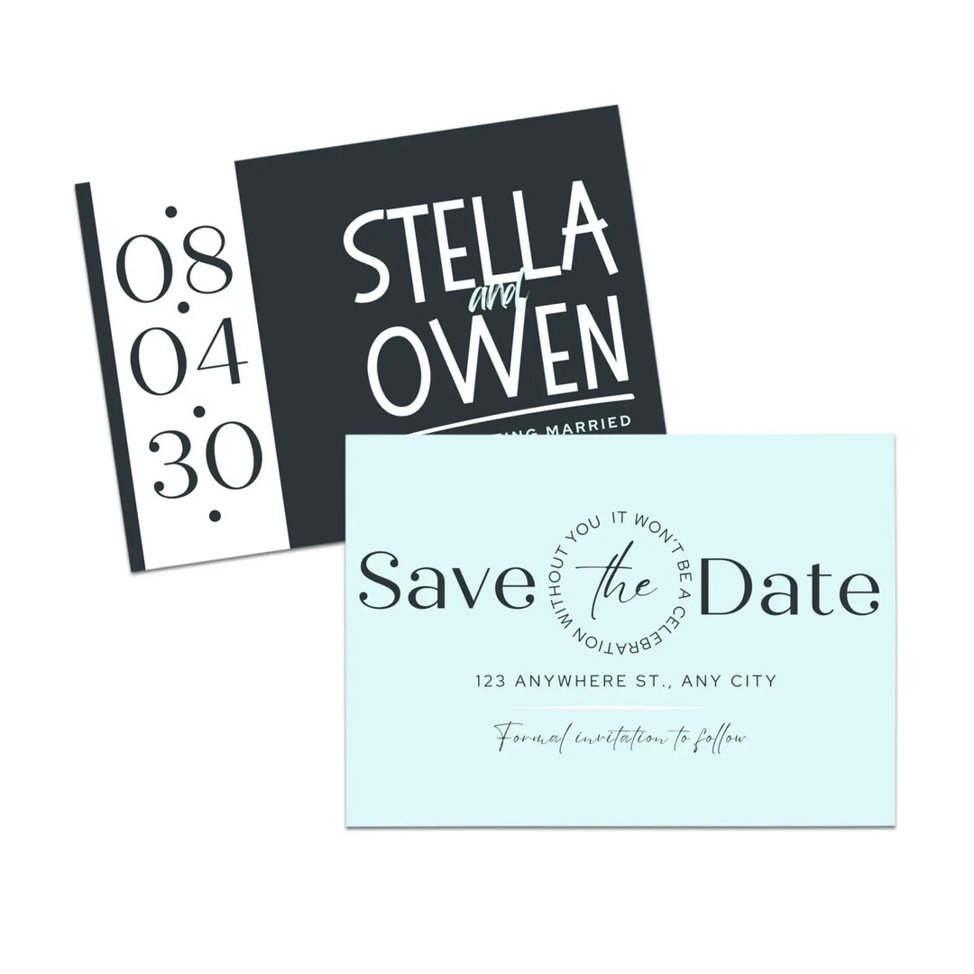 Custom Aqua and Black Save the Date Cards - Personalized 4x6 Inch Invitations with Elegant Typography and White Envelopes - Perfect for Weddings, Birthdays, and Showers