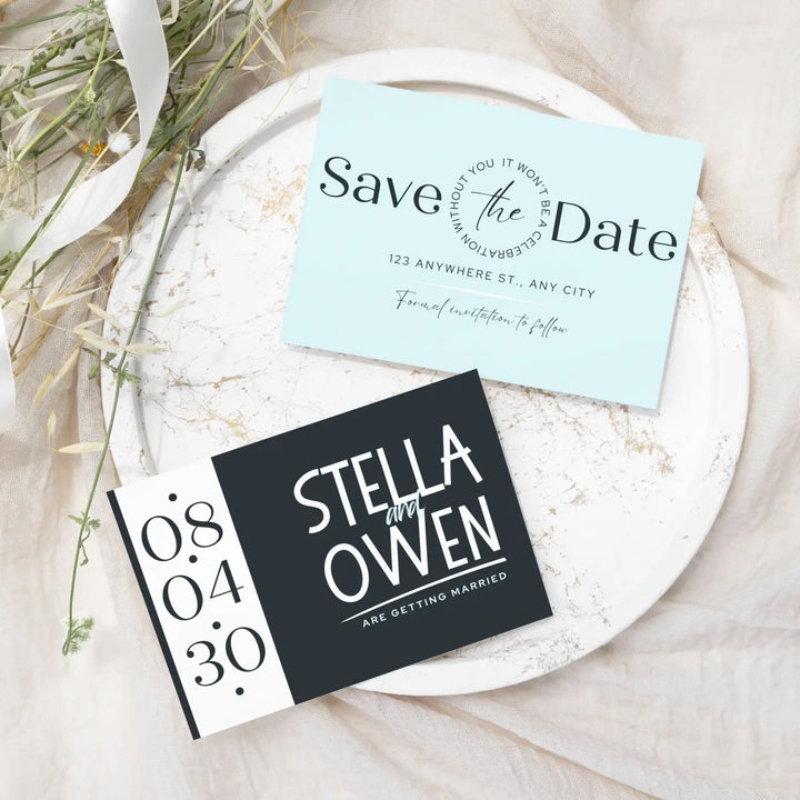 Custom Aqua and Black Save the Date Cards - Personalized 4x6 Inch Invitations with Elegant Typography and White Envelopes - Perfect for Weddings, Birthdays, and Showers