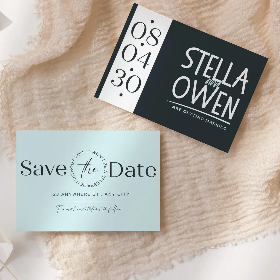 Custom Aqua and Black Save the Date Cards - Personalized 4x6 Inch Invitations with Elegant Typography and White Envelopes - Perfect for Weddings, Birthdays, and Showers