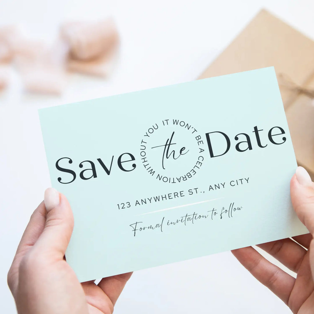 Custom Aqua and Black Save the Date Cards - Personalized 4x6 Inch Invitations with Elegant Typography and White Envelopes - Perfect for Weddings, Birthdays, and Showers