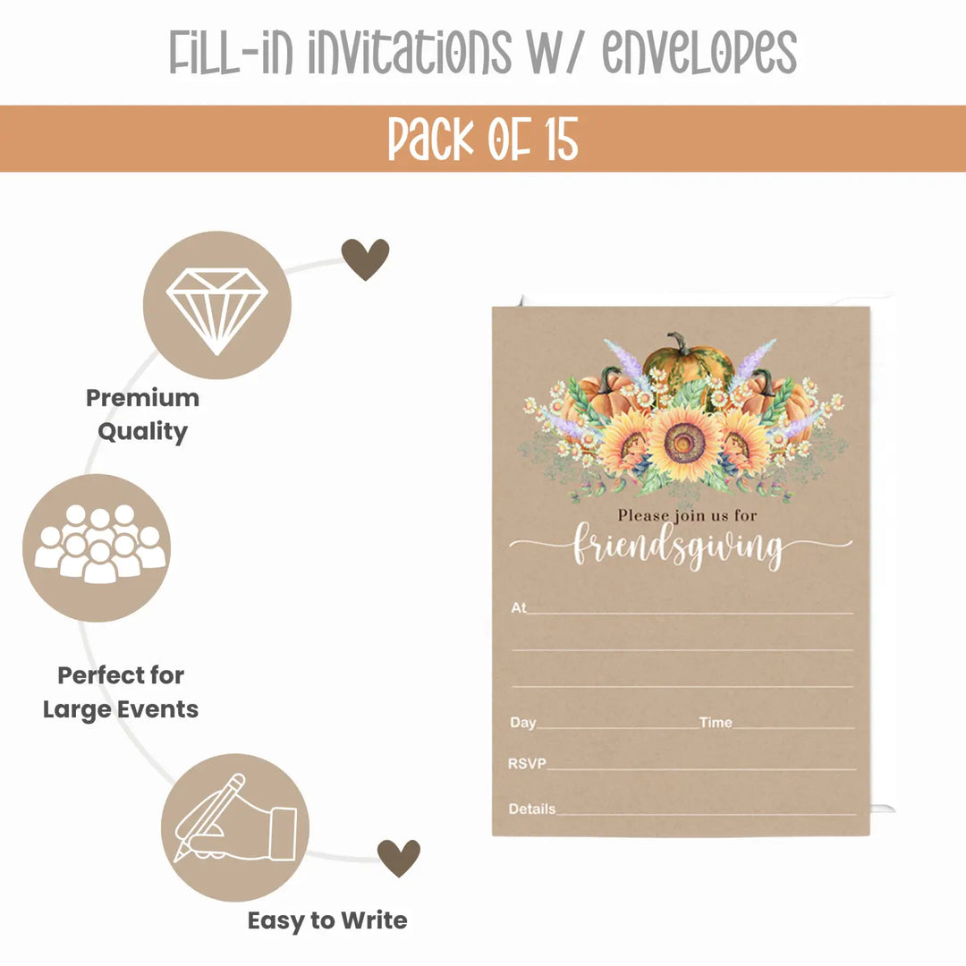 Autumn Harvest Sunflower Friendsgiving Invitations - Blank 5x7 Cards (15 Pack) - Paper Clever Party