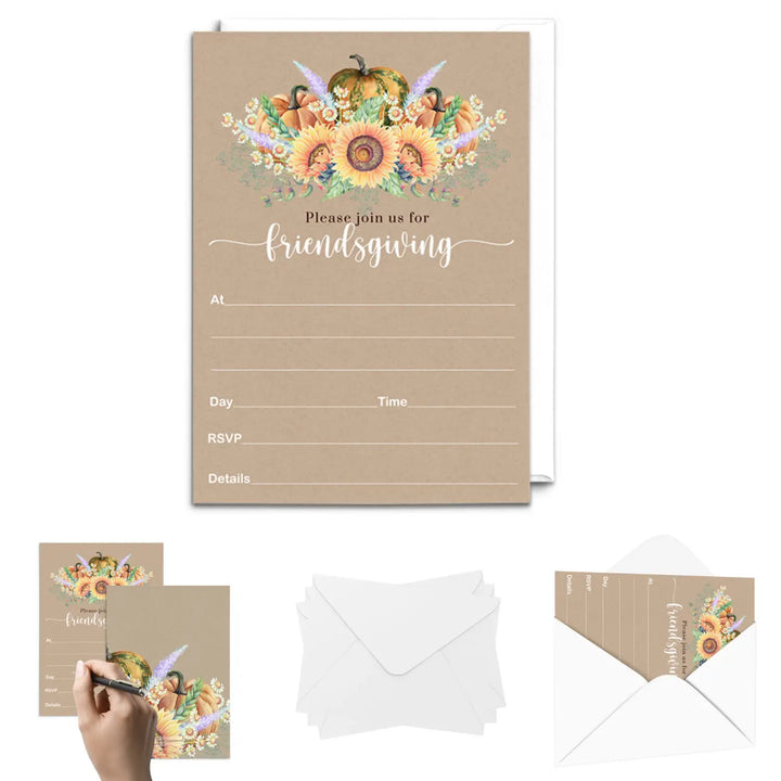 Autumn Harvest Sunflower Friendsgiving Invitations - Blank 5x7 Cards (15 Pack) - Paper Clever Party