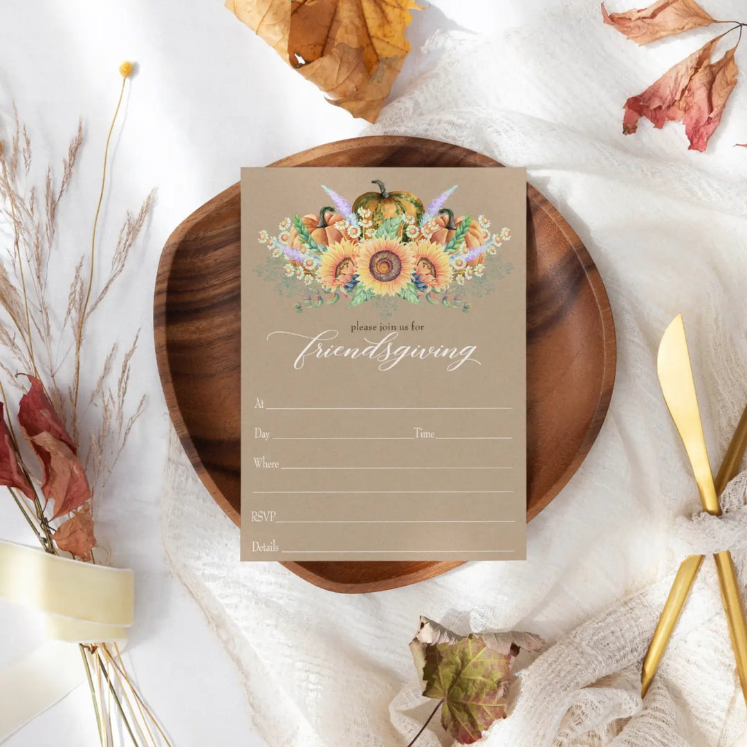 Autumn Harvest Sunflower Friendsgiving Invitations - Blank 5x7 Cards (15 Pack) - Paper Clever Party