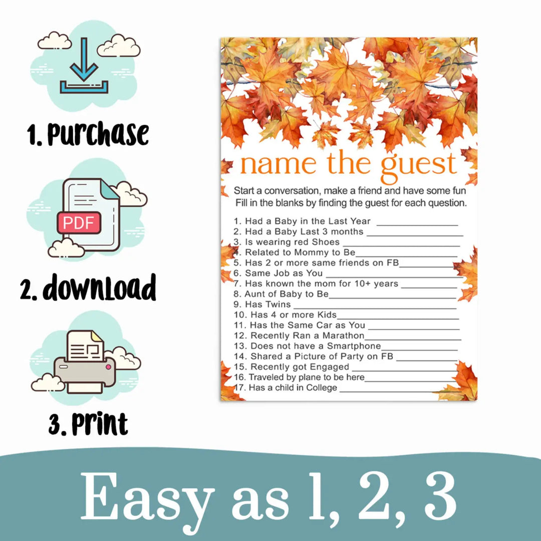 Autumn Leaves Baby Shower Find the Guest Game - Printable Download - Paper Clever Party