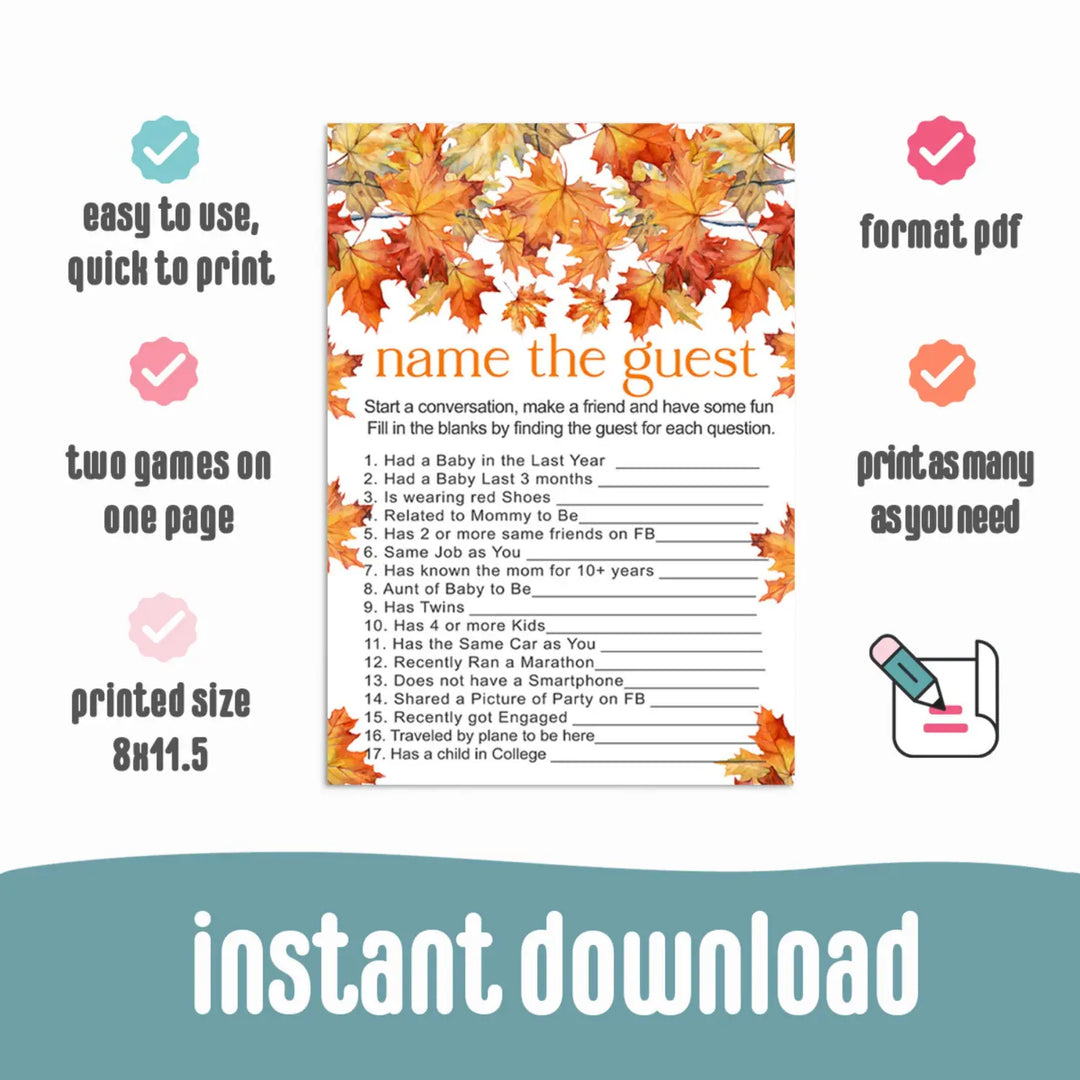 Autumn Leaves Baby Shower Find the Guest Game - Printable Download - Paper Clever Party