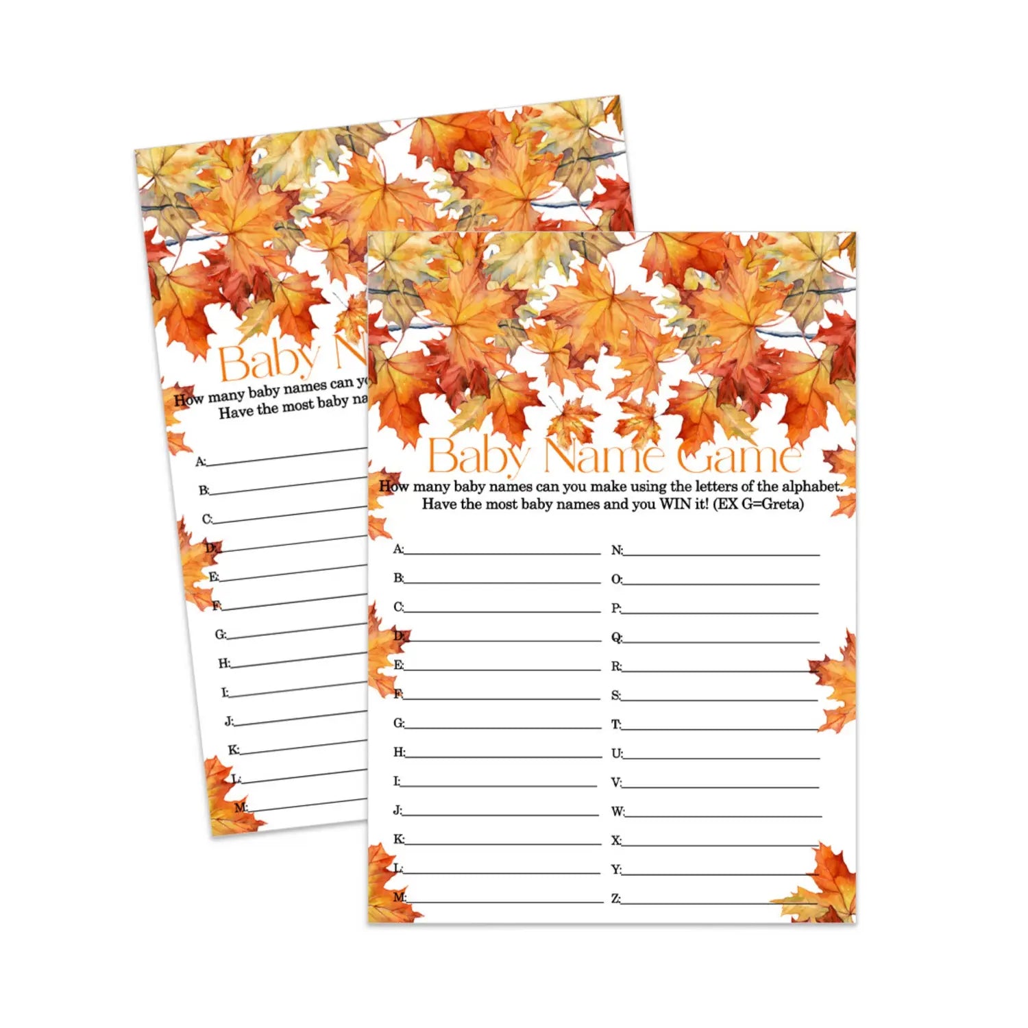 Autumn leaves baby shower name race game printable download fall in love - party games