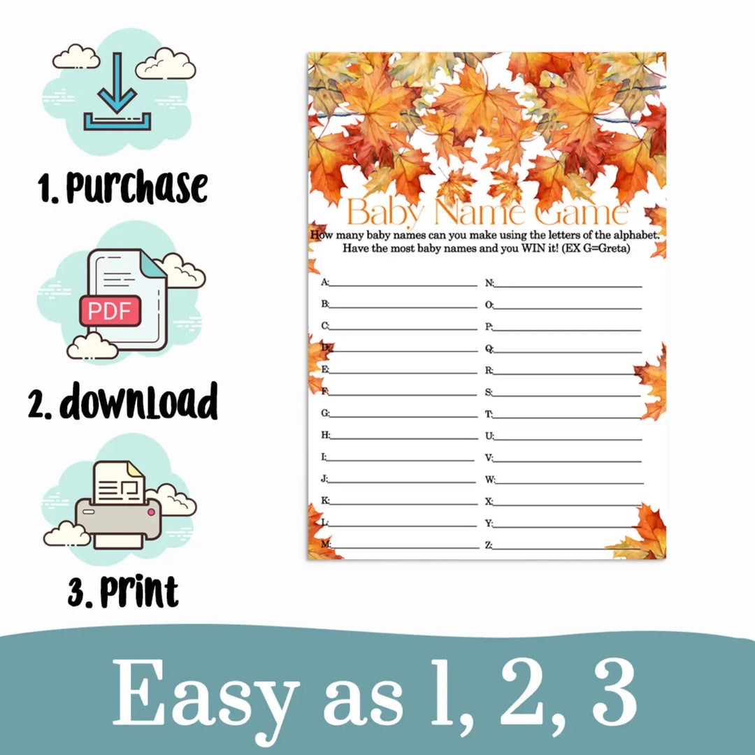 Autumn Leaves Baby Shower Name Race Game Printable Download Fall in Love - Paper Clever Party