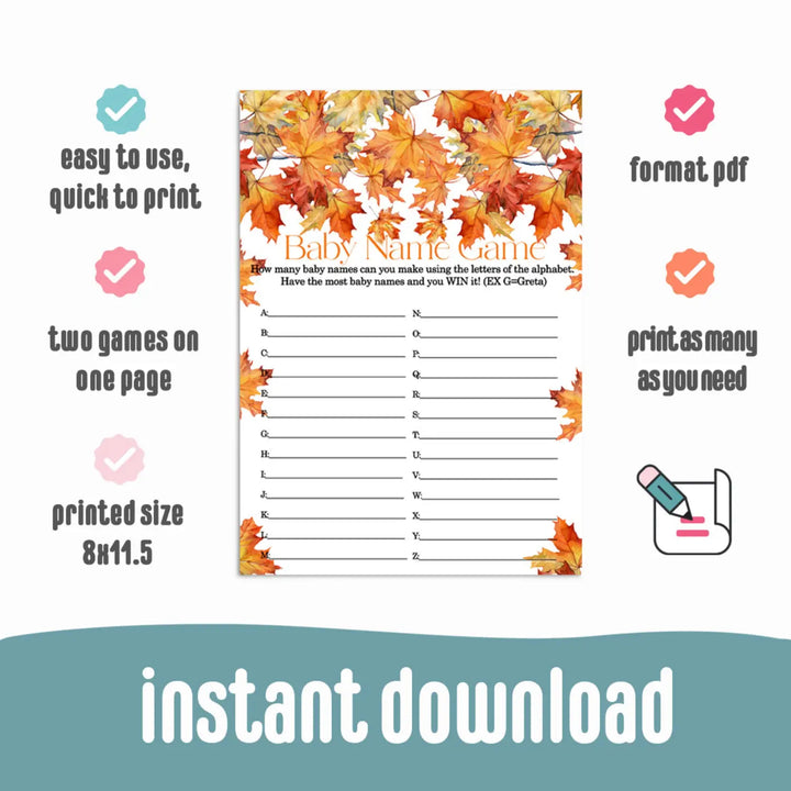 Autumn Leaves Baby Shower Name Race Game Printable Download Fall in Love - Paper Clever Party