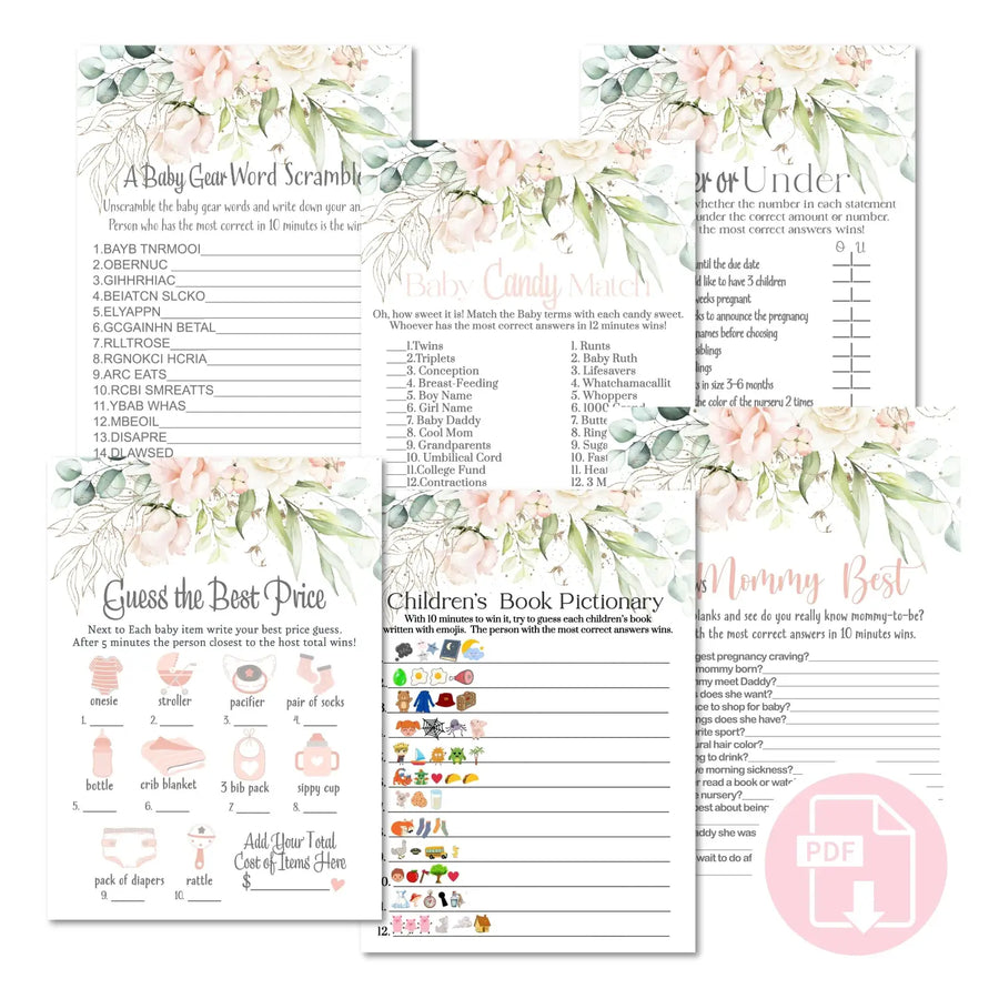 Baby in bloom shower games bundle – instant download printable activities coed celebration fun digital game diy party