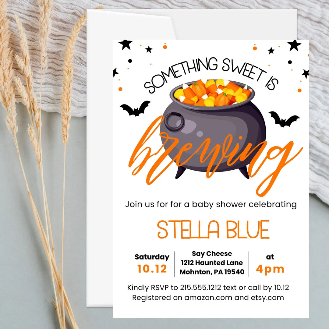 Baby is brewing invitation personalized 5x7 inches come for the shower fully customizable girls or boys spooky cute &