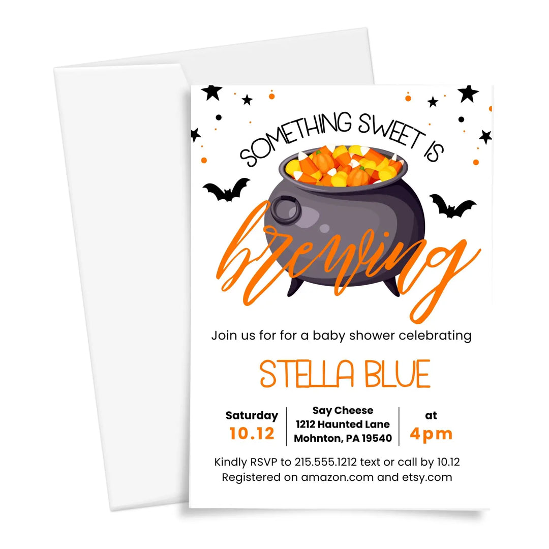 Baby is brewing invitation personalized 5x7 inches come for the shower fully customizable girls or boys spooky cute &