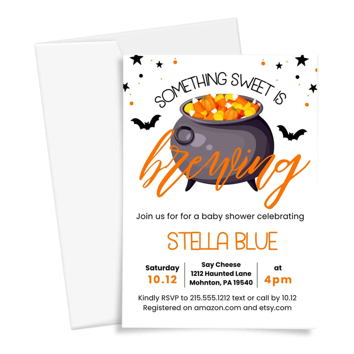 Baby is brewing invitation personalized 5x7 inches come for the shower fully customizable girls or boys spooky cute &
