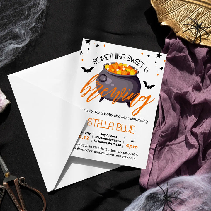 Baby is brewing invitation personalized 5x7 inches come for the shower fully customizable girls or boys spooky cute &