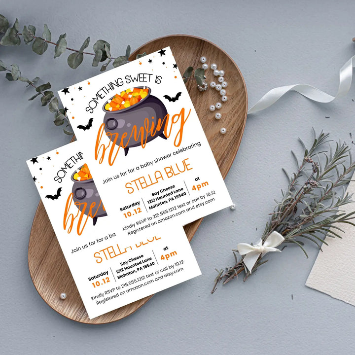 Baby is brewing invitation personalized 5x7 inches come for the shower fully customizable girls or boys spooky cute &