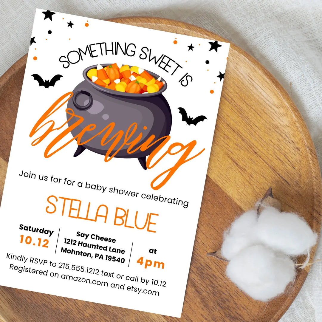 Baby is brewing invitation personalized 5x7 inches come for the shower fully customizable girls or boys spooky cute &
