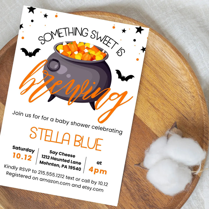 Baby is brewing invitation personalized 5x7 inches come for the shower fully customizable girls or boys spooky cute &