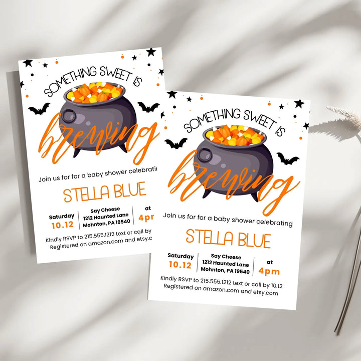 Baby is brewing invitation personalized 5x7 inches come for the shower fully customizable girls or boys spooky cute &