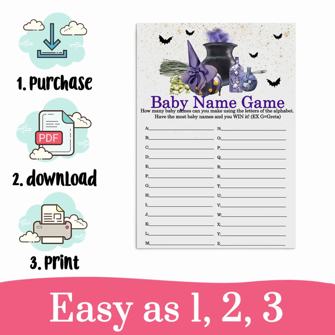 Baby is Brewing Baby Shower Game Printable Name Race - Instant Download Halloween Purple and Black - Paper Clever Party