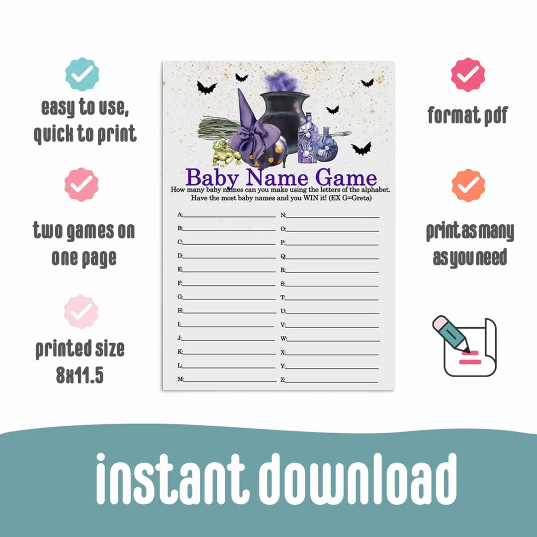 Baby is Brewing Baby Shower Game Printable Name Race - Instant Download Halloween Purple and Black - Paper Clever Party