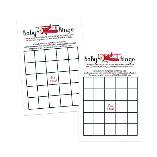 Baby shower bingo game cards - 25-pack airplane theme red & blue landing soon design - party games