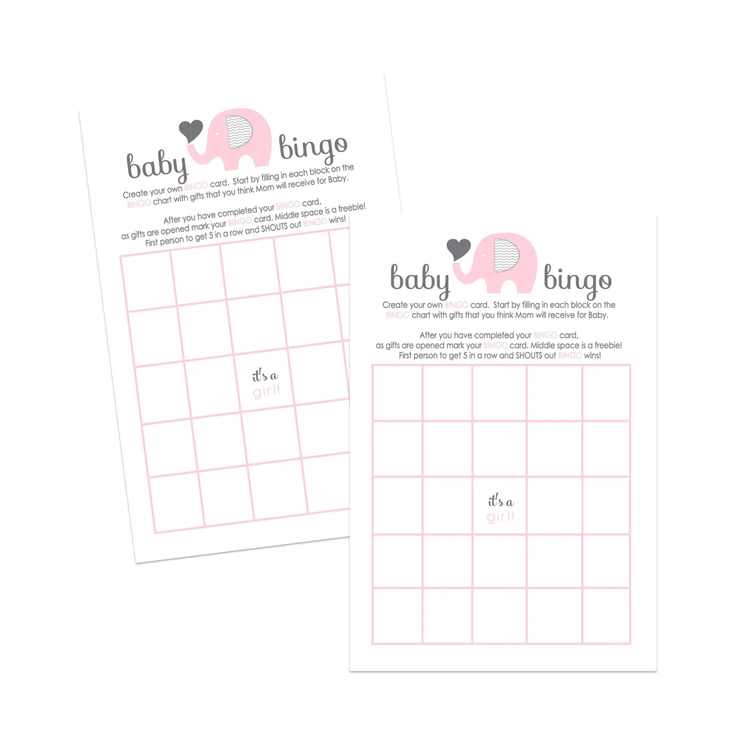 Baby shower bingo game cards - 25-pack girl’s jungle animal theme pink elephant design - party games