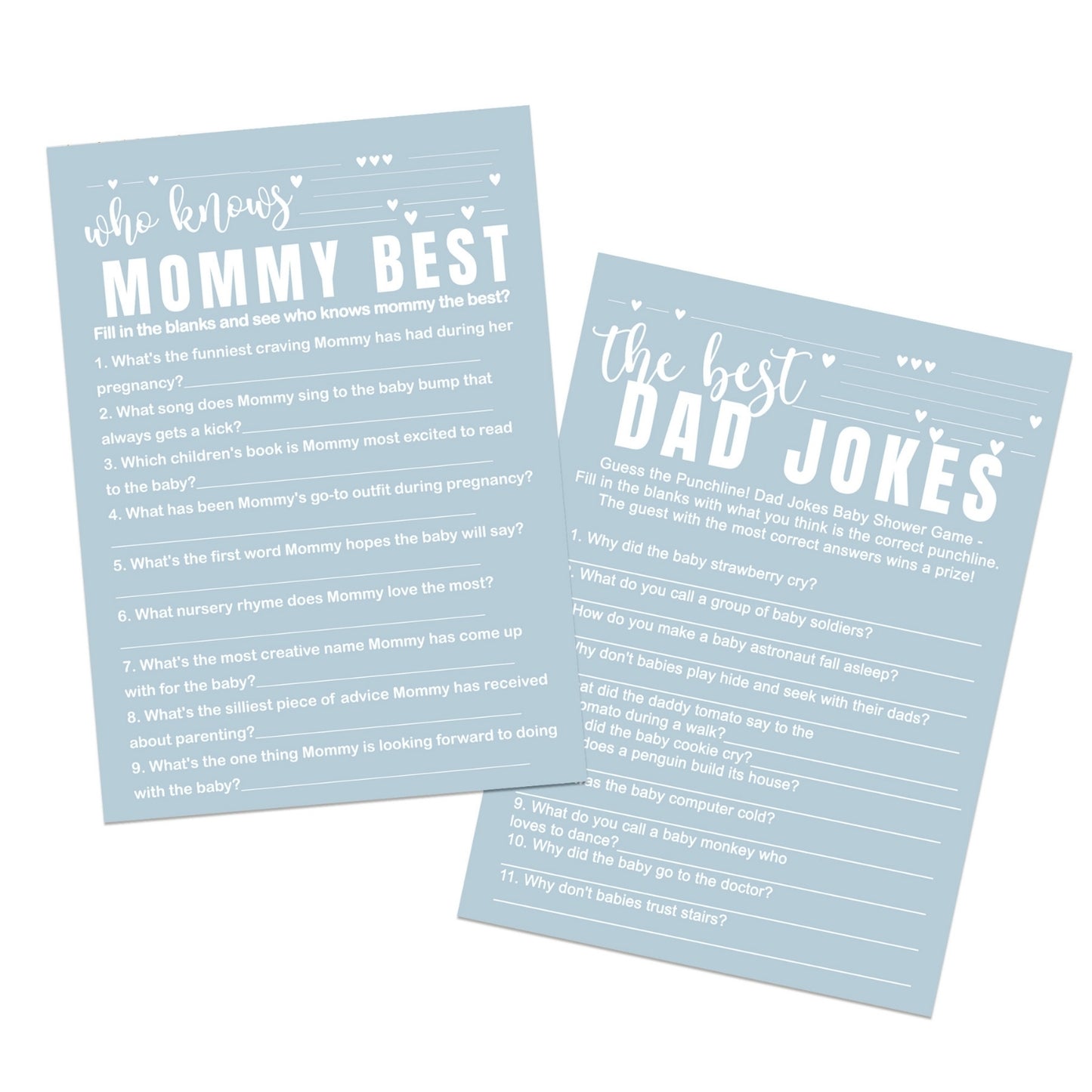 Blue Baby Shower Game Set - Who Knows Mommy Best & Dad Jokes – Paper Clever  Party