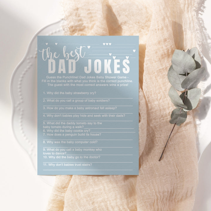 Blue Baby Shower Game Set - Who Knows Mommy Best & Dad Jokes, Modern Minimalist, 25 Pack - Paper Clever Party