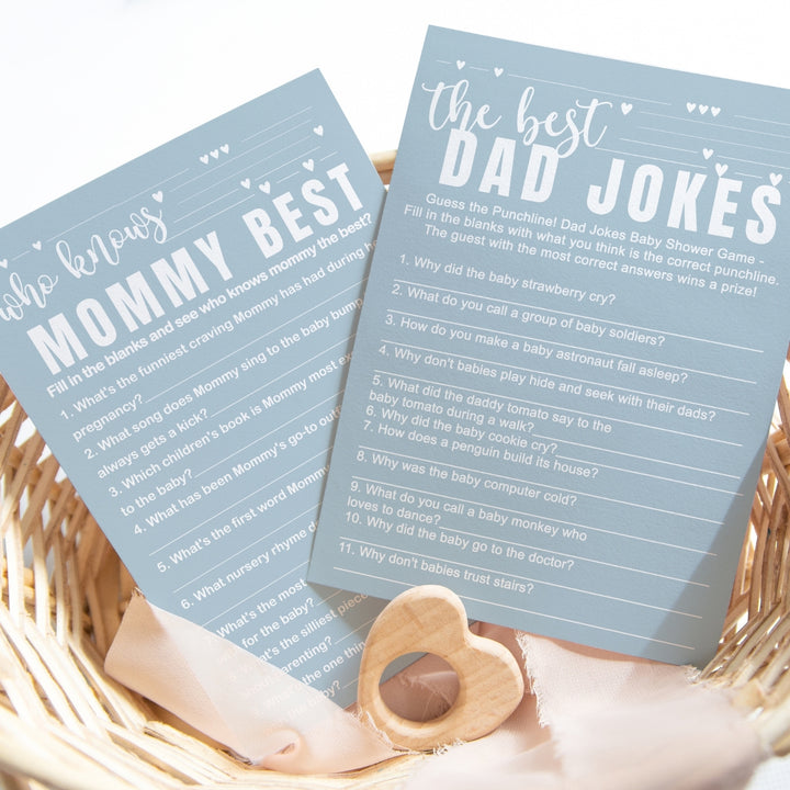 Blue Baby Shower Game Set - Who Knows Mommy Best & Dad Jokes, Modern Minimalist, 25 Pack - Paper Clever Party