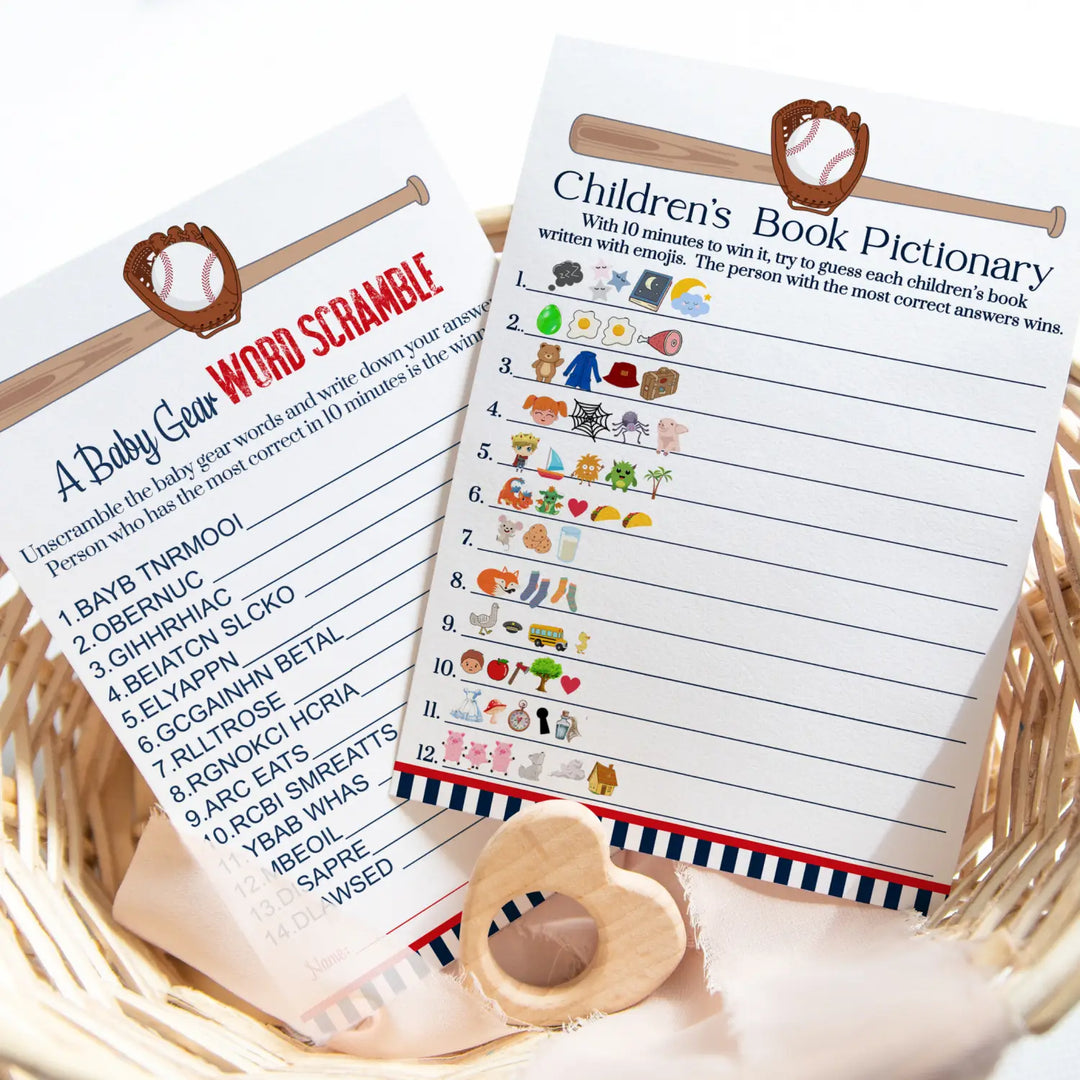 Baseball Baby Shower Game Set, Red & Blue, Word Scramble and Storybook Guessing Activity - Paper Clever Party