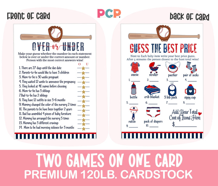 Home Run Baby Shower Game Set – Over or Under and Guess the Price Right 2 Pack of Baseball Themed Activities Ideas and Planning - Paper Clever Party