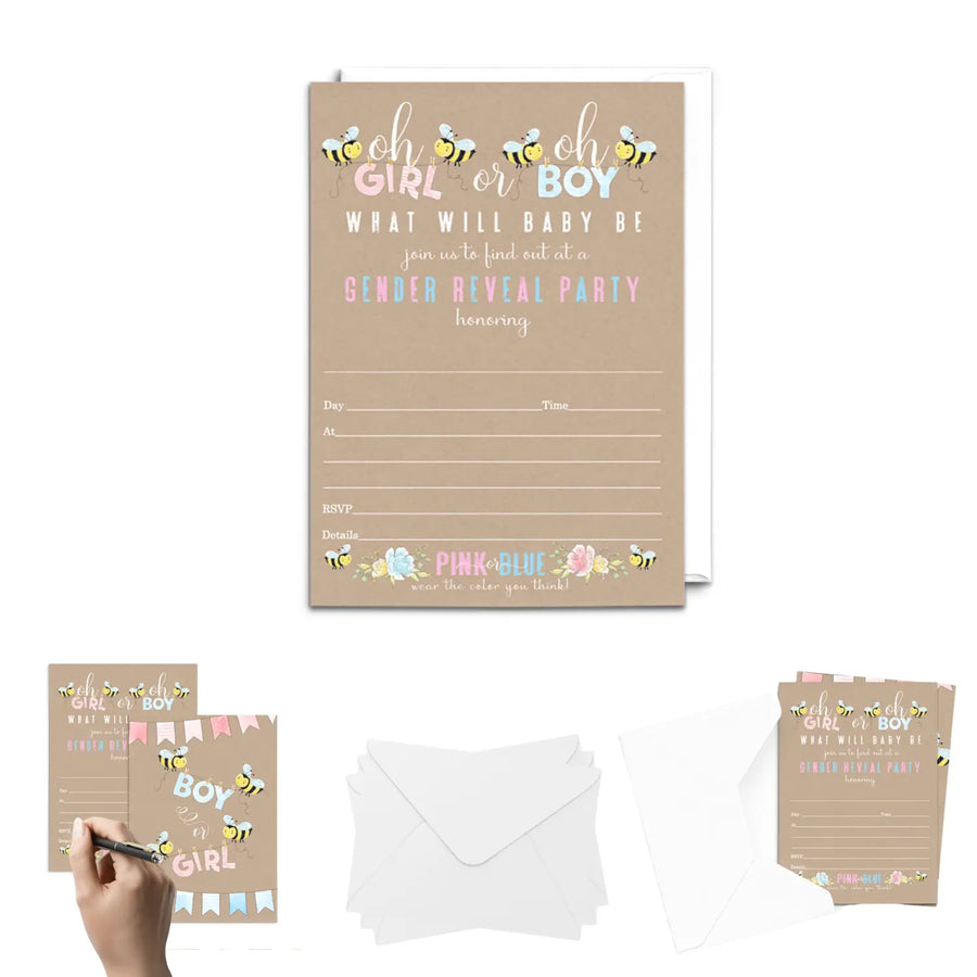 Bee Gender Reveal Invitations with Envelopes, 25 Pack, Customize Party Details, 5x7 Blank Cards - Paper Clever Party