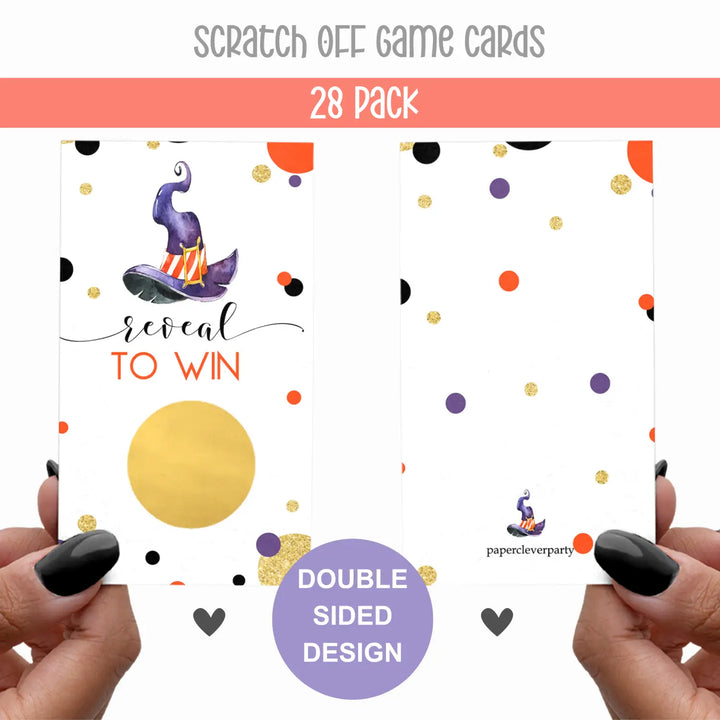 Bewitching Scratch Off Cards (28 Pack) Halloween Party Games for Pumpkin Baby Shower, Raffle Tickets Drawing Prizes Orange and Purple - Witch Theme Favors - Paper Clever Party