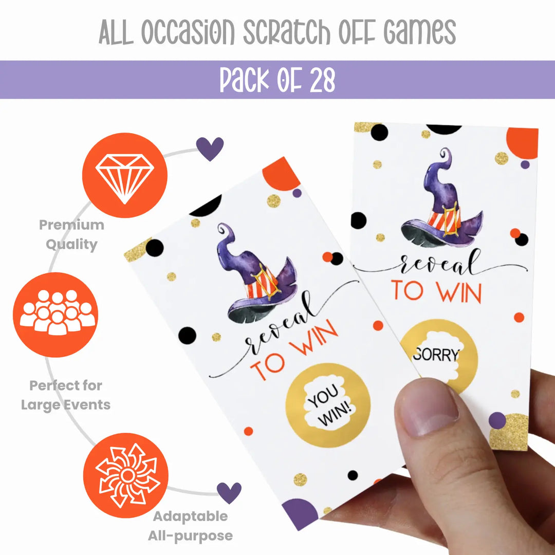 Bewitching Scratch Off Cards (28 Pack) Halloween Party Games for Pumpkin Baby Shower, Raffle Tickets Drawing Prizes Orange and Purple - Witch Theme Favors - Paper Clever Party